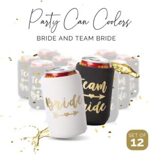 Bride & Team Bride Bachelorette Party Can Coolers, Set of 12 Double Sided White and Mint Green Beer Can Coolies, Perfect Bachelorette Party Decorations and as Brides Maid Gifts (Black)