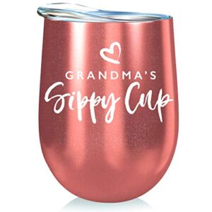 Grandma Gift Insulated Wine Tumbler - 12oz with Steel Straw, BPA Free Lid, Straw Cleaning Brush - Stainless Steel Wine Tumbler - Grandma's Sippy Cup