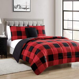 Sweet Home Collection Comforter Set 4 Piece Buffalo Check Plaid Design Soft and Luxurious All Season Warmth Down Alternative Reversible to Solid Color with 2 Shams & Throw Pillow, King, Burgundy