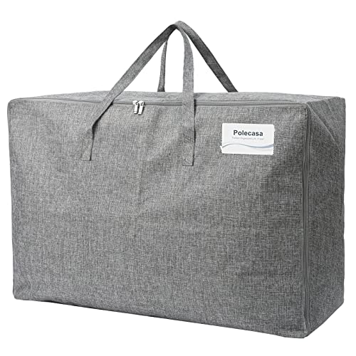 Polecasa 105L Extra Large Reusable Storage Bag with Strong Handles & Zippers, Heavy Duty Washable Moving Bags, Waterproof Closet, Underbed Organizer for Blanket, Comforter, Pillow, No Smell, Grey