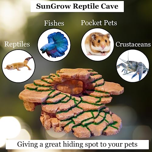 SunGrow Reptile Resin Cave, 3.5 x 7 Inches, Hiding Spot for Reptiles, Amphibians, Exercise Platform, Realistic Decor for Terrarium, Vivarium, Aquarium