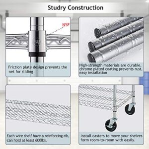 Storage Shelves Wire Shelving Unit Garage Shelving with Wheels Heavy Duty NSF Height Adjustable Steel Commercial Grade Metal Shelving with Castors, 6000 Weight Capacity, for Kitchen Basement Pantry