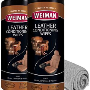 Weiman Leather Cleaner Wipes - 2 Pack with Microfiber Cloth - Clean Condition UV Protection Help Prevent Cracking or Fading of Leather Furniture, Car Interior, and Shoes