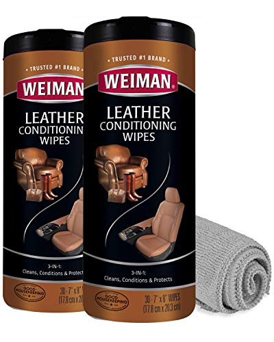 Weiman Leather Cleaner Wipes - 2 Pack with Microfiber Cloth - Clean Condition UV Protection Help Prevent Cracking or Fading of Leather Furniture, Car Interior, and Shoes