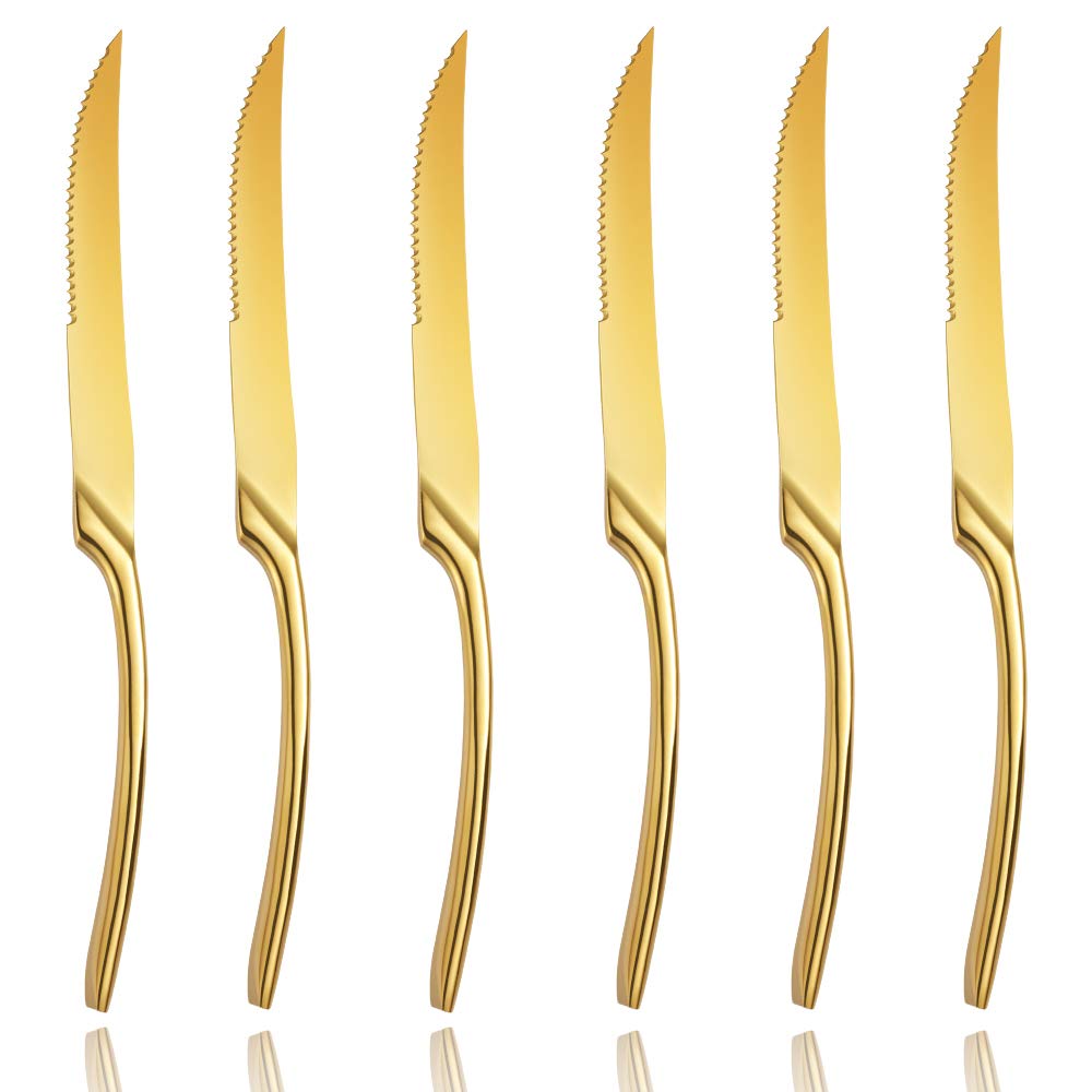 Lemeya 6 Pieces Gold Steak Knives Set of 6,Stainless Steel Standing Steak Knife,Ultra-Sharp Serrated Steak Knives-10 Inch,Mirror Polished,Dishwasher Safe