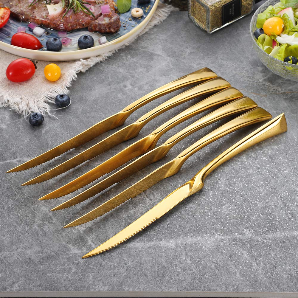 Lemeya 6 Pieces Gold Steak Knives Set of 6,Stainless Steel Standing Steak Knife,Ultra-Sharp Serrated Steak Knives-10 Inch,Mirror Polished,Dishwasher Safe