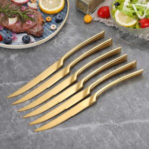 Lemeya 6 Pieces Gold Steak Knives Set of 6,Stainless Steel Standing Steak Knife,Ultra-Sharp Serrated Steak Knives-10 Inch,Mirror Polished,Dishwasher Safe