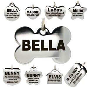 stainless steel pet id tags - engraved personalized dog tags, cat tags front & back up to 8 lines of text – bone, round, heart, flower, badge, house, star, rectangle, bow tie