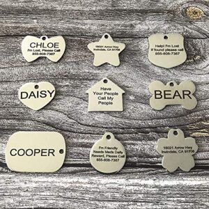 Stainless Steel Pet ID Tags - Engraved Personalized Dog Tags, Cat Tags Front & Back up to 8 Lines of Text – Bone, Round, Heart, Flower, Badge, House, Star, Rectangle, Bow Tie