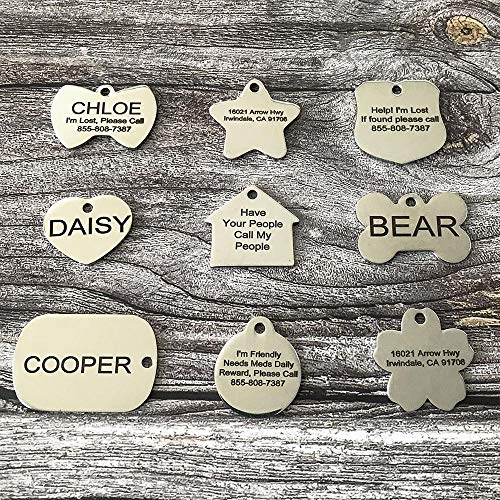 Stainless Steel Pet ID Tags - Engraved Personalized Dog Tags, Cat Tags Front & Back up to 8 Lines of Text – Bone, Round, Heart, Flower, Badge, House, Star, Rectangle, Bow Tie