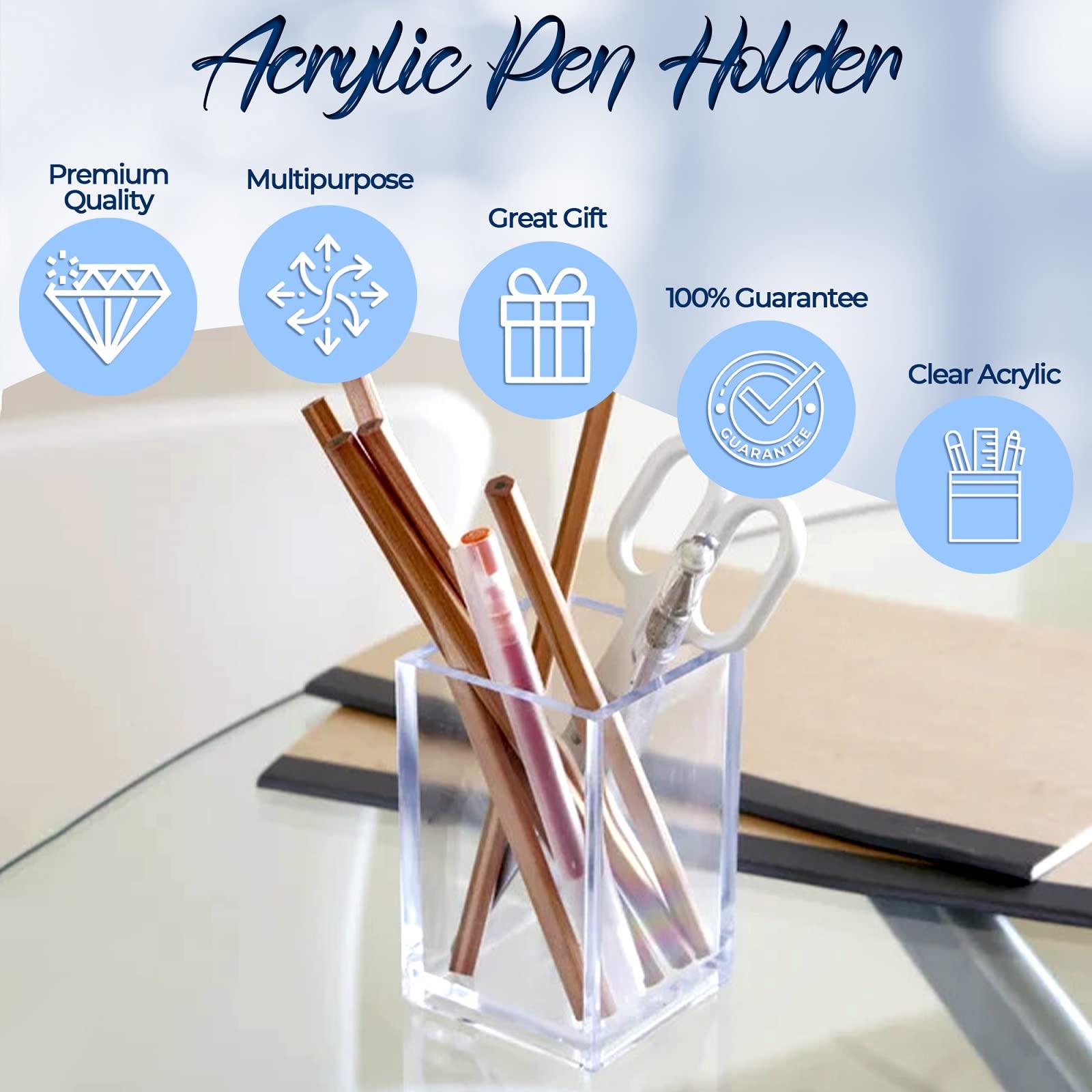 Acrylic Pen Holder for Desk - Includes Metal Keychain – Acrylic Pencil Holder Clear Makeup Brush Holder – Acrylic Desk Accessories, Stationery Organizer for Office Desk Accessory - 1-Piece, 2.6x2.6x4"