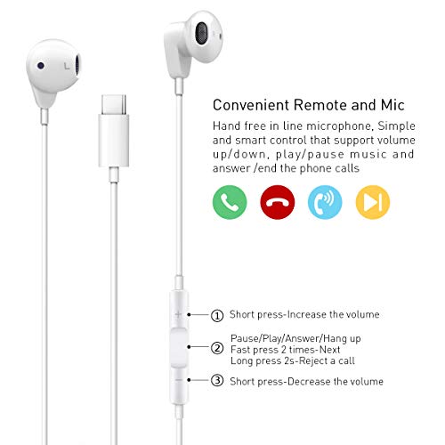 USB Type C Earphones Stereo Digital Wired Headphone with Mic, Compatible with Pixel 2/2XL, Huawei P20 and iPad Pro 2018
