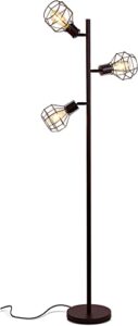brightech robin led floor lamp, industrial tree lamp for living rooms & offices, tall lamp with 3 cages heads & vintage edison bulbs, rustic standing lamp for reading, and tall lamp for crafts - black