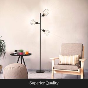 Brightech Robin LED Floor Lamp, Industrial Tree Lamp for Living Rooms & Offices, Tall Lamp with 3 Cages Heads & Vintage Edison Bulbs, Rustic Standing Lamp for Reading, and Tall Lamp for Crafts - Black