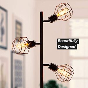 Brightech Robin LED Floor Lamp, Industrial Tree Lamp for Living Rooms & Offices, Tall Lamp with 3 Cages Heads & Vintage Edison Bulbs, Rustic Standing Lamp for Reading, and Tall Lamp for Crafts - Black