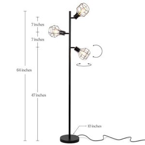 Brightech Robin LED Floor Lamp, Industrial Tree Lamp for Living Rooms & Offices, Tall Lamp with 3 Cages Heads & Vintage Edison Bulbs, Rustic Standing Lamp for Reading, and Tall Lamp for Crafts - Black