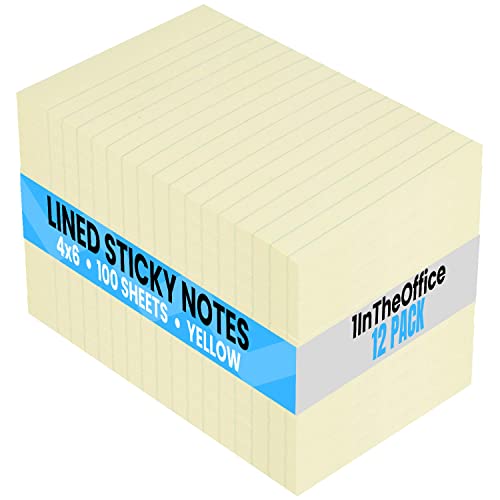 1InTheOffice Sticky Notes 4x6 Lined, Self-Stick Note Pads, Yellow, 100-Sheet, (12/Pack)