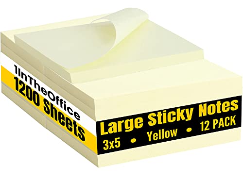 1InTheOffice Large Sticky Notes 3x5, Self-Stick Note Pads, Sticky Notes 3x5, , Yellow, 100-Sheet, 12/Pack