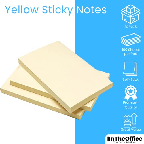 1InTheOffice Large Sticky Notes 3x5, Self-Stick Note Pads, Sticky Notes 3x5, , Yellow, 100-Sheet, 12/Pack