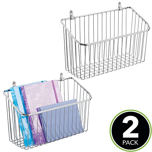 mDesign Small Metal Wire Wall Mounted Storage Organizer Basket Bin for Hanging in Kitchen, Garage, Entryway, Mudroom, Bedroom, Bathroom, Laundry Room - Unity Collection - 2 Pack - Chrome
