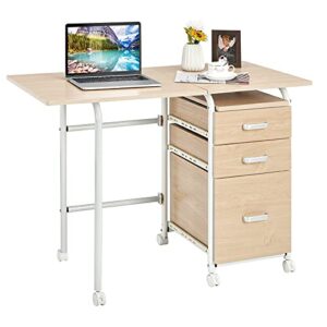 tangkula folding computer desk with 3 storage drawers, mobile home office desk study writing desk with smooth wheels, space saving compact desk for dorm apartment, rolling folding desk table