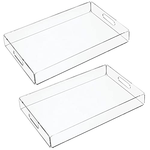 mDesign Modern Acrylic Rectangular Serving Tray with Built-in Handles for Food, Tea, Coffee, Breakfast, Snacks, Cheese, Appetizers - Use in Kitchen, Bathroom, Office - Medium, 2 Pack - Clear