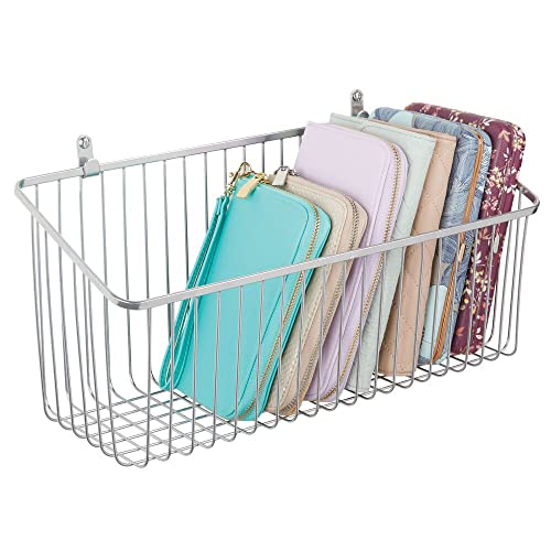 mDesign Portable Metal Farmhouse Wall Decor Angled Storage Organizer Basket Bin for Hanging in Entryway, Mudroom, Bedroom, Bathroom, Laundry Room - Wall Mount Hooks Included, Large - Chrome