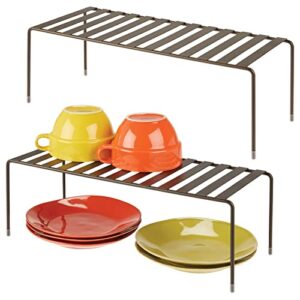 mdesign modern metal storage shelf rack - 2 tier raised food and kitchen organizer for cabinets, pantry shelves, countertops dishes, plates, bowls, mugs, glasses - 2 pack - bronze