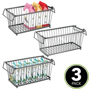 mDesign Household Stackable Metal Wire Storage Organizer Bin Basket with Built-In Handles for Kitchen Cabinets, Pantry, Closets, Bedrooms, Bathrooms - 12.5" Wide, 3 Pack - Graphite Gray