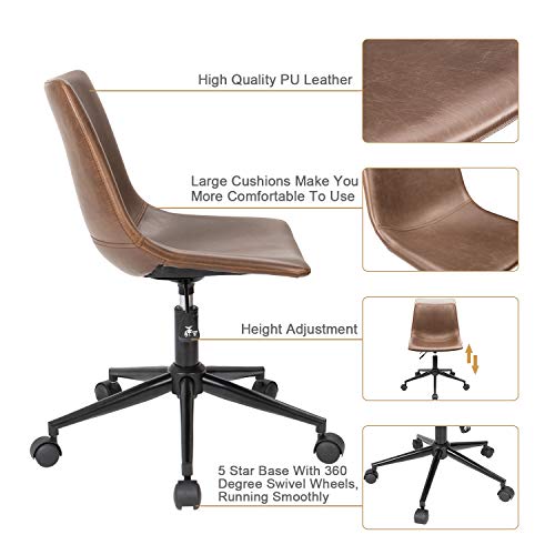 Furmax Mid Back Task Chair PU Leather Adjustable Swivel Office Chair Bucket Seat Armless Computer Chair Modern Low Back Desk Conference Chair (Brown)