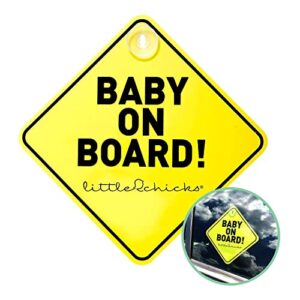 little chicks baby on board car sign decal - weather resistant. child safety awareness warning sticker with suction cups - bright yellow color - model ck094