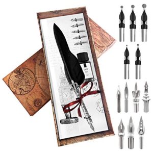 trustela feather quill pen set - calligraphy dip pen set includes big feather pen with 18 calligraphy nibs and pen holder in a gift box for writing and antique desk decor (blackfeather)