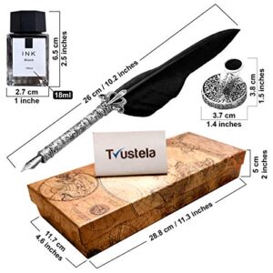 Trustela Feather Quill Pen Set - Calligraphy Dip Pen Set Includes Big Feather Pen With 18 Calligraphy Nibs And Pen Holder In A Gift Box For Writing And Antique Desk Decor (BlackFeather)