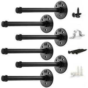 pipe bracket 8 inch (6 pcs black steel) - industrial diy pipe shelf bracket for wood floating shelf vintage look - rustic pipe decor wall mount with all accessories needed (shelf not included) (6)