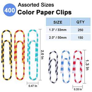 Vinaco Paper Clips Color Stripe, 400PCS Medium & Large (1.3 inch & 2 inch) Paper Clip Assored Size, Durable and Rustproof, Vinyl Coated Paperclips Colorful for Office School Document Organizing