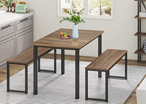 HOMOOI Dining Table Set for 4, 3 Pieces Kitchen Table with 2 Benches, Modern Wood Grains Table and Chairs Dinette Set for Home Kitchen, Dining Room, Restaurant, Industrial Brown