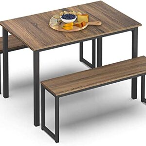 HOMOOI Dining Table Set for 4, 3 Pieces Kitchen Table with 2 Benches, Modern Wood Grains Table and Chairs Dinette Set for Home Kitchen, Dining Room, Restaurant, Industrial Brown