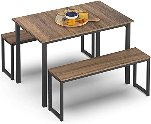 HOMOOI Dining Table Set for 4, 3 Pieces Kitchen Table with 2 Benches, Modern Wood Grains Table and Chairs Dinette Set for Home Kitchen, Dining Room, Restaurant, Industrial Brown