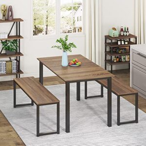 HOMOOI Dining Table Set for 4, 3 Pieces Kitchen Table with 2 Benches, Modern Wood Grains Table and Chairs Dinette Set for Home Kitchen, Dining Room, Restaurant, Industrial Brown