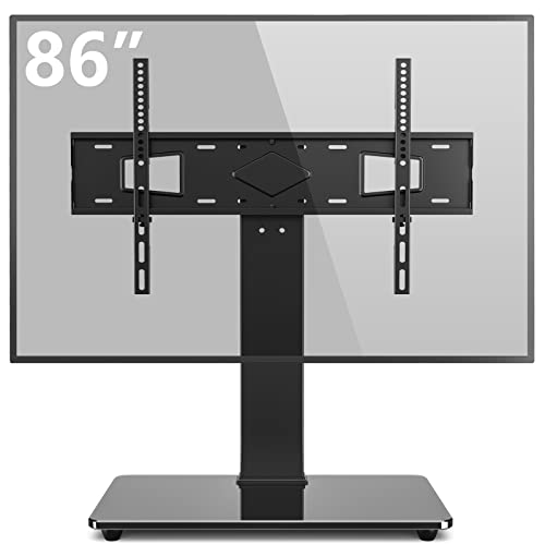 Rfiver Universal Swivel TV Stand Table Top TV Stand Base for 40 to 86 Inch Flat Screen TVs, Height Adjustable Mount, Center TV Stand Replacement with Tempered Glass Base