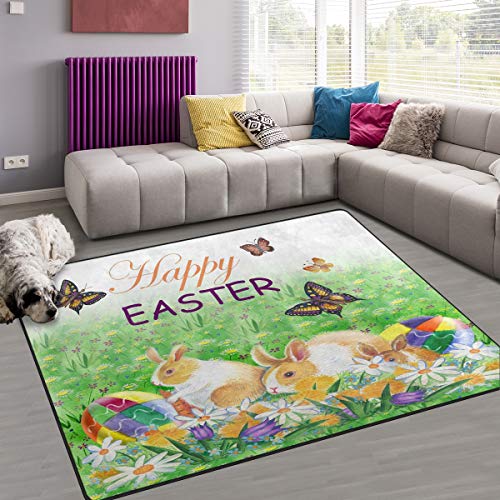 Naanle Easter Holiday Non Slip Area Rug for Living Dinning Room Bedroom Kitchen, 5' x 7'(58 x 80 Inches), Easter Rabbit Nursery Rug Floor Carpet Yoga Mat