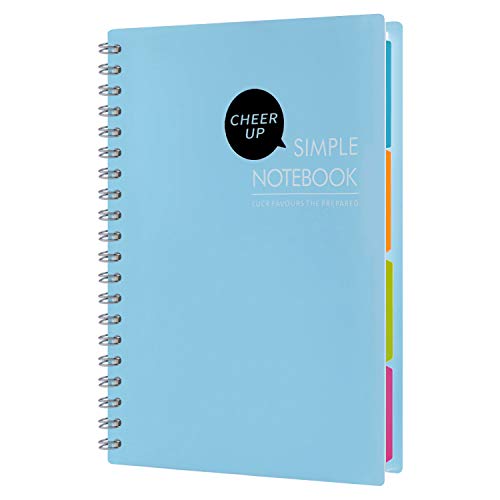 Cheerup Spiral Notebook, B5 10" x 7", 4 Subjects with Divider, 240 Pages Wide Ruled (Blue)