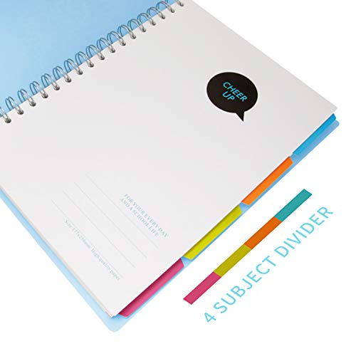 Cheerup Spiral Notebook, B5 10" x 7", 4 Subjects with Divider, 240 Pages Wide Ruled (Blue)