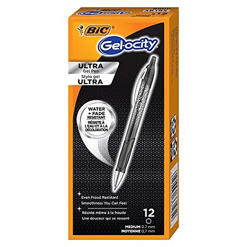 BIC Gel-Ocity Ultra Gel Pens, Medium Point Retracable (0.7mm), Black Ink Gel Pen, 12-Count