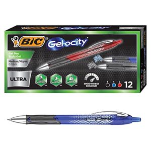 bic gel-ocity ultra retractable gel pen, medium point (0.7mm), assorted colors, premium design and comfortable grip, 12-count