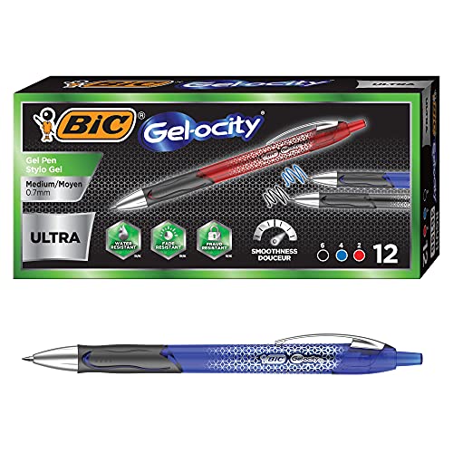 BIC Gel-ocity Ultra Retractable Gel Pen, Medium Point (0.7mm), Assorted Colors, Premium Design and Comfortable Grip, 12-Count