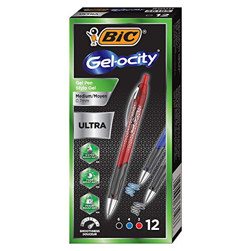 BIC Gel-ocity Ultra Retractable Gel Pen, Medium Point (0.7mm), Assorted Colors, Premium Design and Comfortable Grip, 12-Count