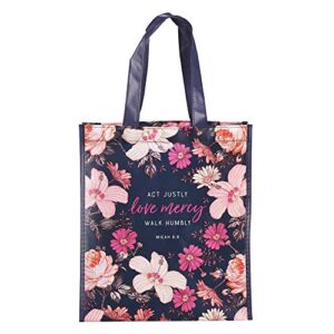 christian art gifts reusable shopping tote bag | love mercy peach floral micah 6:8 bible verse | inspirational durable navy blue tote bag for groceries, books, supplies