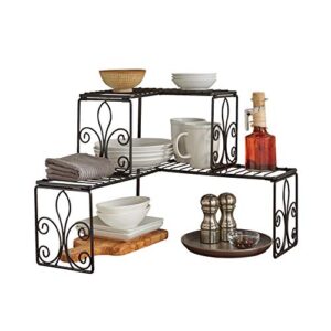 brylanehome scroll 2-tier corner shelf kitchen space saver organization, black