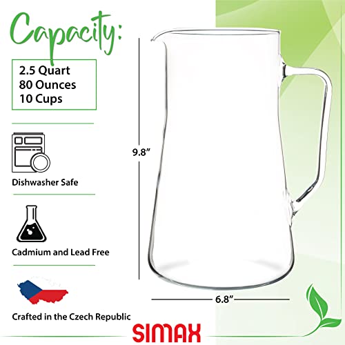 Simax Large Glass Pitcher With Spout: 2.5 Qt Glass Pitchers With Handle - Borosilicate Glass Sangria Pitcher - Big Water Pitcher Glass - Angled Cylinder Design Sangria Pitchers -80 Oz Cocktail Pitcher